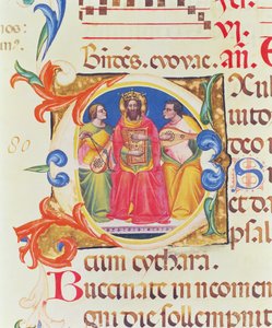 Ms. 559 f.155v Inicial historiada O que representa al Rey David y dos ángeles, del Salterio de Santa Maria Novella, iluminado por Paolo Soldini (fl.1342-86) 1379
