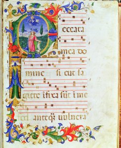 Ms 577 f.1 Inicial historiada "P" que representa una figura masculina en el desierto, del "Messale di Sant