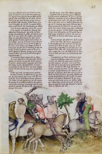 Un caballero de la Mesa Redonda, Sir Bors, se ve obligado a elegir entre rescatar a su hermano Lionel o salvar a una dama, de la Queste del Saint Graal, c.1380-85 de Italian School