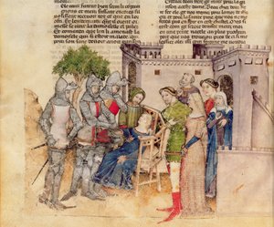 Ms Fr 343 fol. 59v La muerte de la hermana de Percival, de la Queste del Saint Graal, c.1380-85 de Italian School