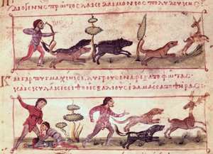 Ms Grec 479 Caza de ciervos, ilustración de la Cynegetica de Oppian de Italian School