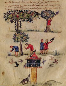 Caza de aves, ilustración probablemente del Ixeutika de Oppian