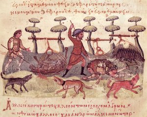 Ms Grec 479 Caza con redes, ilustración de la Cynegetica de Oppian de Italian School