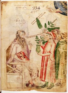 Ms Lat 6823 fol.1 Hombres presentando plantas a un hombre desconocido, de De Herbis por Manfredus de Monte Imperiali de Italian School