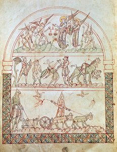 Ms. Plut. 12.17, c. 1b, La ciudad terrenal con las dificultades y desgracias de la humanidad y el juicio de un alma, de La Ciudad de Dios de San Agustín, siglo XI-XII