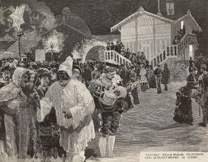 Quiosco de música para recaudar fondos para ciegos, máscara de Pulcinella, Carnaval en Nápoles, Italia, grabado de un dibujo de Matania, grabado por Gamberoni de L