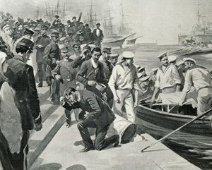 Motín del acorazado ruso Potemkin desembarcando en el puerto de Constanza en Rumanía, Ilustración de L