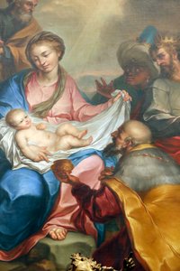Escena de la Natividad. Adoración de los magos. Fresco. Basílica de Santa Maria delle Vigne. Génova. Italia. de Italian School