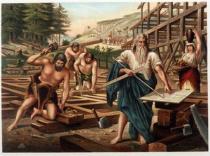 Noé y su familia construyendo el arca (Noé mirando el plan de construcción) en “Aurea Bibbia classica: historia de la revelación divina en el antiguo y nuevo testamento” por Giovanni Ladislao Sykora (vol. 1), traducido por Don Clemente Benetti (Biblia ital de Italian School
