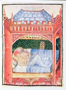 Pareja en una cama, del Tacuinum Sanitatis, c.1390-1400