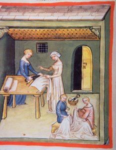 La tienda de los sastres: Ropa de lino, de Tacuinum Sanitatis de Italian School