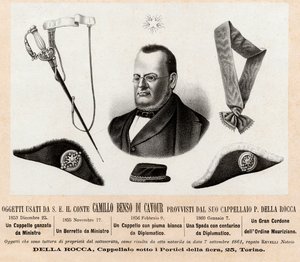 Objetos usados por Camillo Benso, conde de Cavour (1810-1861) - sombreros e insignias de sus funciones políticas y diplomáticas, con el gran cordón de la Orden de San Mauricio y San Lázaro - Grabado del siglo XIX de Italian School