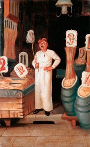 Antiguo oficio: la tienda del vendedor de pasta. Anónimo. Témpera. Siglo XIX. Museo Nazionale delle Paste Alimentari, Fundación Agnesi, Roma de Italian School