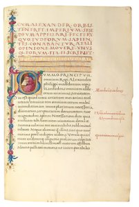 PSEUDO-ARISTOTLE, Secreta secretorum; "MARDOCHEUS IUDEUS", Epistola ad Alexandrum de cognitione veri dei; ADAM DE MONTALDO (fl. c.1450-1495), Divinitus prolata iudicia sive premonita; Quedam alia summatim posita iudicia, Roma, c.1490 (tinta y color sobre v de Italian School