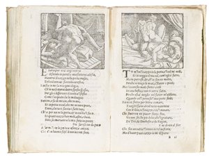 Página de "Sonetti Lussuriosi" de Pietro Aretino, ilustrada por Giulio Romano y grabada por Marcantonio Raimondi, publicada en Venecia, c.1527 de Italian School