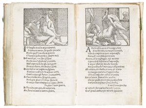 Página de "Sonetti Lussuriosi" de Pietro Aretino, ilustrada por Giulio Romano y grabada por Marcantonio Raimondi, publicada en Venecia, c.1527 de Italian School