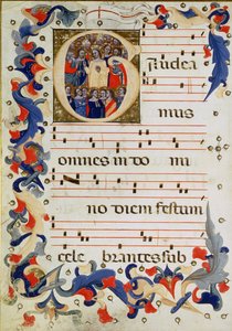 Página de notación musical con una inicial historiada G que representa un grupo de santos con Santa Úrsula en el medio, Escuela Boloñesa
