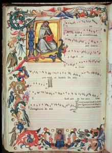 Página de notación musical con inicial historiada, del Códice Squarcialupi, producido en el monasterio florentino de S. Maria degli Angeli (vitela)