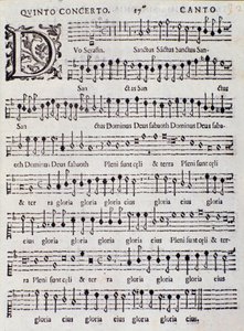 Página de la partitura musical del Concierto 5 en "Canzoni alla francese" de Adriano Banchieri de Italian School