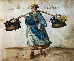 Campesino con animales de corral en cestas, campesina de Padua, ilustración en color del siglo XVI