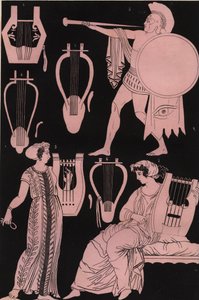 Tuberías, liras y otros instrumentos musicales en la antigua Grecia - Instrumento musical griego antiguo - grabado de “Usi e Costumi di Tutti i Popoli dell