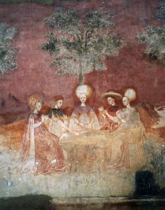 Jugando con cartas de tarot, escena del ciclo de los Juegos, ca. 1445-1450, fresco, Palacio Borromeo, Milán, Lombardía, Italia de Italian School