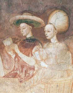 Jugando con cartas de tarot, escena del ciclo de los Juegos, ca. 1445-1450, fresco, Palacio Borromeo, Milán, Lombardía, Detalle, Italia