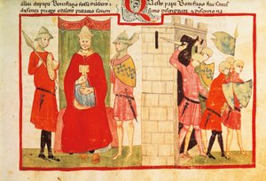 El Papa Bonifacio VIII en Anagni y la expulsión de Sciarra Colonna de la ciudad, miniatura de la Crónica de Giovanni Villani