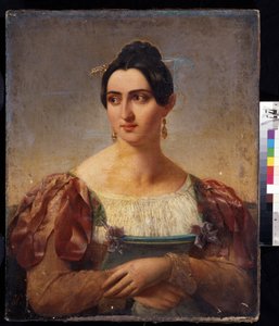 ""Portrait de femme"" (Retrato femenino) Mujer joven de la nobleza italiana, vestida con un vestido con cintas en los hombros. Pintura de la escuela italiana de principios del siglo XIX. Museo Pushkin, Moscú de Italian School