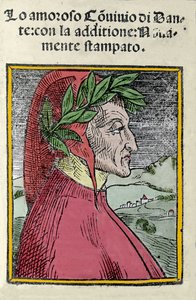 Retrato del poeta italiano Dante Alighieri (1265-1321). Grabado. Frontispicio de “Il convivio” de 1554 de Italian School
