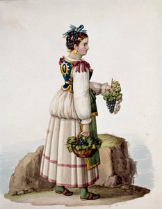 Retrato de una joven de Capri, con vestido tradicional, sosteniendo uvas