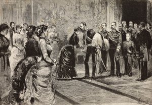 La Reina Margarita y Umberto I recibiendo al príncipe heredero de Alemania (futuro Federico III) en el Quirinale, Roma, Italia, grabado de un dibujo de Dante Paolocci, de L
