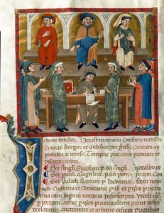 Representación de una oficina de estudios notariales Página tomada de Matricola del Consorzio dei Notai di Perugia (ms. 972) (Registro de la Orden de Notarios) 1343-1354 Perugia, Biblioteca Comunale Augusta