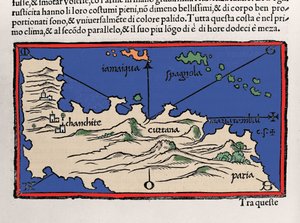 Representación de las Islas del Caribe y las costas de Venezuela. Isolario (mapa de islas) de Benedetto Bordone. Venecia 1547