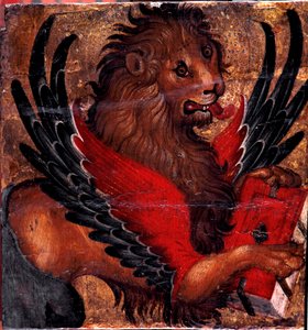 Representación del León de San Marcos. Pintura sobre madera del artista veneciano. Sol del siglo XV. 34x34 cm Venecia, Museo Correr de Italian School