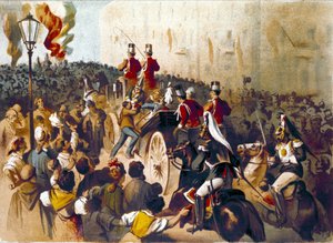 Representación del ataque de Giovanni Passannante (1849-1910) contra el rey italiano Umberto I en 1878 en Nápoles. Este evento inspiró al poeta Giovanni Pascoli (1855-1912) en una Oda. Grabado del siglo XIX de Italian School