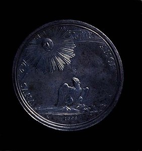 Reverso de una medalla de retrato de Anna Isabella de Mantua que representa un águila observando el sol, acuñada en 1698. Inscripción: VNVS AMOR