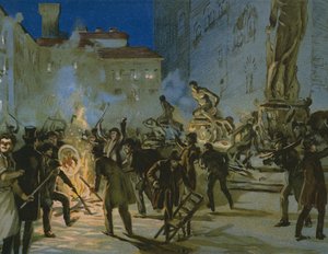 Revolución en Florencia, 27 de abril de 1859, ilustración de un álbum sobre la historia del Risorgimento hecho para el chocolate Talmone, finales del siglo XIX de Italian School