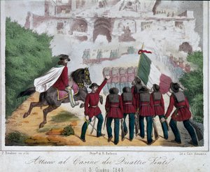 Risorgimento, República Romana: los soldados del ejército de Giuseppe Garibaldi, a caballo, intentan reconquistar la villa de los Quattro Venti en Roma el 03/06/1849. Litografía. Roma, Museo Nazionale del Risorgimento