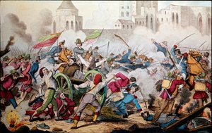 Risorgimento: Las luchas de Palermo el 26 de mayo de 1860. Expedición de los Mil (camisas rojas). Giuseppe Garibaldi (1807-1882) entre Palermo y el pueblo en revuelta se unieron a él para luchar contra los soldados del reino borbónico de Nápoles. Grabado d de Italian School