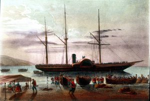 Risorgimento: la partida el 8/08/1860 de Giuseppe Missori, oficial del ejército de Giuseppe Garibaldi (1807-1882), en el estrecho de Messina hacia el Fuerte de Villa San Giovanni. Ilustración del siglo XIX