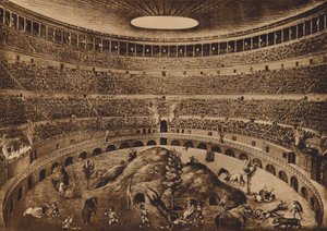 Roma / Roma: Interior del Coliseo, La caza de las ferias, reconstrucción histórica (litografía) de Italian School