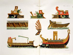 Barcos romanos con detalles de mascarones de proa, lámina 23, clase 5 de la Parte I de La Historia de las Naciones, grabado por Simonetti de Italian School