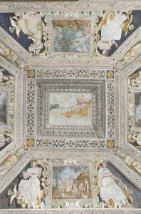 Sala de Juno: Juno en un carro tirado por dos pavos reales observando la traición de su esposo de Italian School