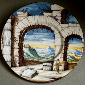 Ruina y paisaje. Plato de cerámica producido en Angarano, Italia. Alrededor de 1650 Florencia, Museo Nacional del Bargello de Italian School