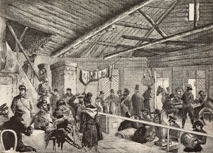 Soldados rusos en una taberna cerca de las fortificaciones de Varsovia, Polonia, grabado de un boceto de Fritzmann, de L