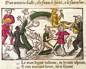 Ceremonia de sabbat con brujas. Grabado por Olaus Magnus (1490 - 1557), religioso y geógrafo sueco, “Historia de Gentis Septentrionalibus”, Venecia de Italian School