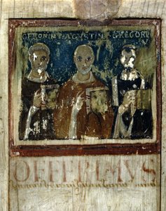 San Jerónimo, San Agustín (354-430) y San Gregorio I el Grande (540-604), Detalle del díptico de Boece, c.487 (miniatura sobre marfil) de Italian School