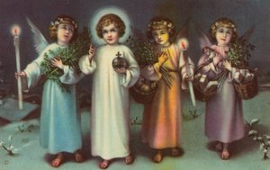 Santos y ángeles (litografía en color) de Italian School