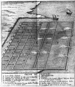 Salina en Trapani. Tabla ilustrada tomada de "Stato Presente della Sicilia" por Arcangelo Leanti, Palermo 1761